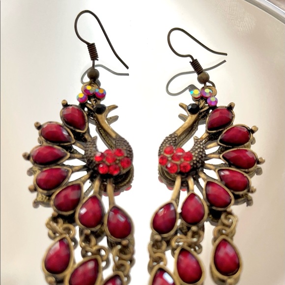 Red Rhinestone & Brass Peacock Earrings - Picture 3 of 7
